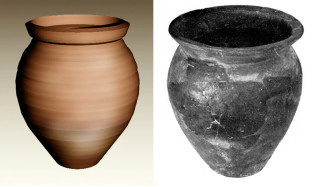fig_23,24 Fig 23. Computer reconstruction of Derbyshire Ware jar, Find 187, c.3rd Century, found by Roy Perkins. Fig 24. A restored Dalesware jar from 3rd century levels in Doncaster (after Loughlin)