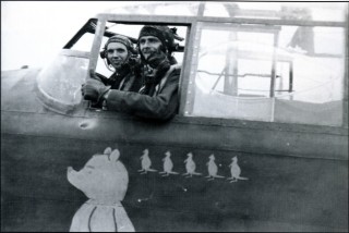 p_81 S/Ldr Keith Sinclair and his Flight Engineer Sgt Paddy Traynor in the cockpit of their usual aircraft 'Pregnant Winnie' | ©️Vincent Holyoak