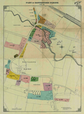 Map from the Duke of Rutland's sale catalogue of 1920, showing Easthorpe and the properties that were offered in this map of the parish | Copy of a paper map donated by Mr Mike Saunders
