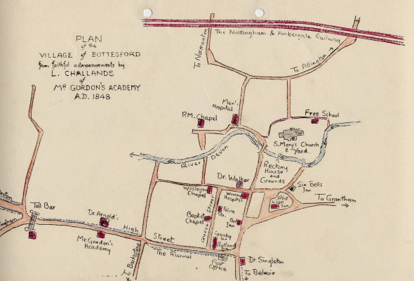 MS002 Sketch map of Bottesford, 1848, drawn by L. Challands, a pupil at a school run by a Mr Gordon | Mr Michael Saunders
