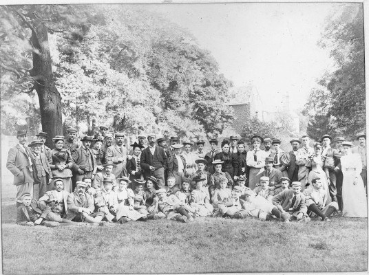 Nottingham Bicycle Club possibly in the grounds of Belvoir Castle with stable block buildings in the background- late 19th Century | Reproduced with the kind permission of Nottingham Museums and Galleries - Album NCM 1973-42