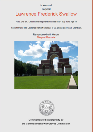 Lawrence Swallow CWGC Cpl Lawrence Frederick Swallow certificate from CWGC. | Commonwealth War Graves Commission