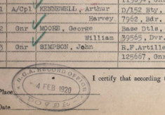 RFA Medal Roll Listing - 4th February 1920