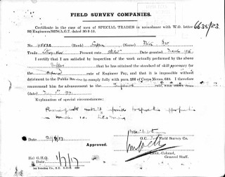 Field Survey Company form, setting out the case for granting Herbert William Porter superior engineer pay in 1917. | The National Archive