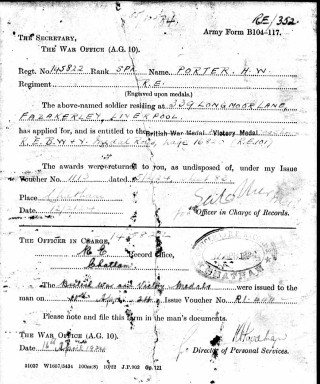 Medal recomendation, British and Victory medals, for Herbert William Porter, 1924 | The National Archive