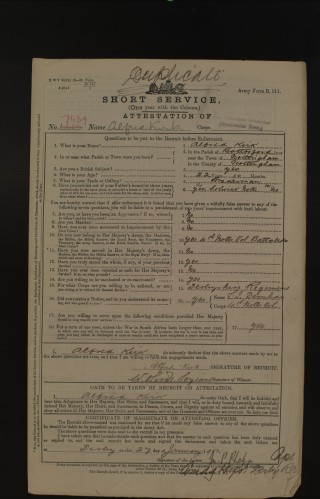 Alfred Kirk's attestation paper Alfred Kirk's attestation paper from 1900 | The National Archive, courtesy of Find my Past