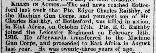 GJ 10:11:1917 Edgar Charles Raithby Obituary, Grantham Journal 10th November 1917 | Courtesy of The Grantham Journal
