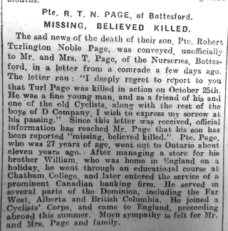 Turlington Page's Obituary, Grantham Journal 25th November 1916  | Courtesy of the Grantham Journal
