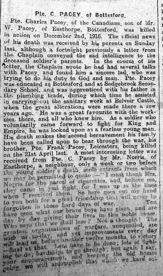 GJ 6:1:1917 Pacey_C Pte. Charles Pacey of Bottesford - Grantham Journal 6th January 1917 | Courtesy of the Grantham Journal