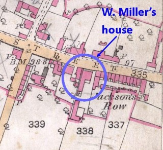 Part of the pre-1900 detailed map of Bottesford, showing the location of the Miller's house and the adjacent terrace known as Jackson's Row. | Botteford Local History Society archive