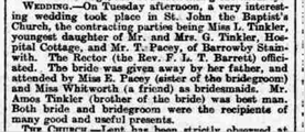 Article from Grantham Journal, 18th April 1914 Report of the wedding of Lois Tinkler to T.Pacey, published Saturday, 18th April 1914. | Courtesy of the Grantham Journal