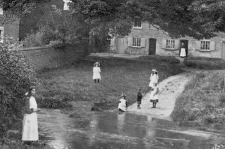 From an old postcard, children at the ford on The Green, Bottesford, c.1900: Frances Baker may be one of them. | From the collection of the late Mrs Dorothy Beedham