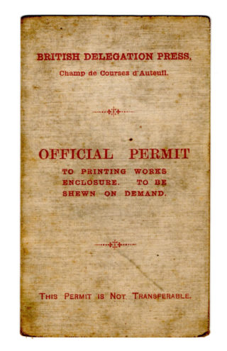 The outside of the Herbert Porter's permit for access to the Printing Works. | By courtesy of the family archive of Rosemarie Greenhalf.