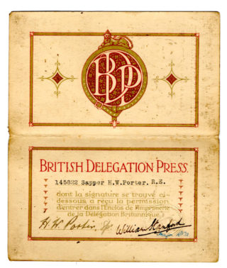 The inside of the Permit issued to Herbert Porter for access to the Printing Works. The date is not shown, but it is signed by Sapper Porter and by Major William Stanford, RFA. | By courtesy of the family archive of Rosemarie Greenhalf.