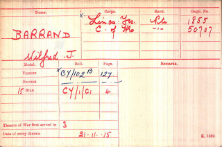 Private Wilfred Barrand's medal index card. | The National Archive