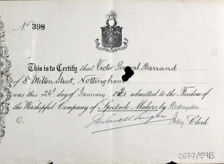Victor Barrand Certificate of Admission to Company of Spectacle Makers Victor Barrand Certificate of Admission to Company of Spectacle Makers | London Metropolitan Archives