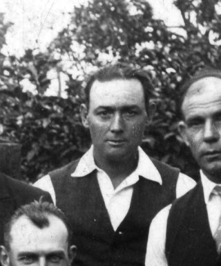 Frank Allcorn, c.1930 Frank Allcorn, c.1930, in a photograph of the ex-servicemen's club skittles team, outside the club hut on Albert Street (now the Bottesford Scouts Hut). | From the private collection of Mrs Anne Hewitt