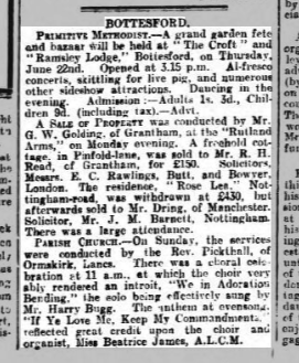 Harry Bugg choir soloist clipping Newspaper article in which Harry Bugg is mentioned as soloist in Bottesford Church choir. | Grantham Journal, 17th June, 1922