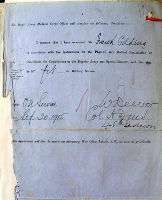 The final page of Frank Gilding's Commission Application, September 1915. | The National Archive