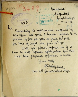 A letter 2nd-Lt Frank Gilding wrote to the War Office, May 1918, regarding delay in payment of his war pension. The spidery hand writing arose from the fact that he had lost his right arm was having to write with the left (he was probably right-handed). | The National Archive