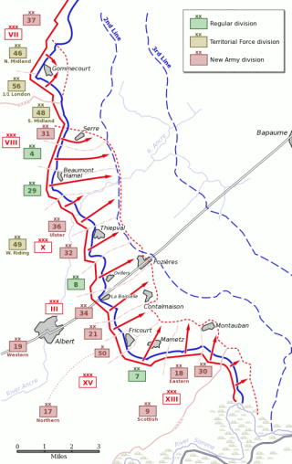 British plan Somme 1_July_1916 Outline map of the Somme battlefield, 1916, showing the position of the 50th Division at the start of the actions. | Wikipedia