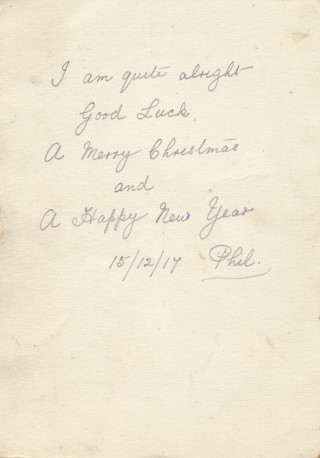 Greetings Christmas 1917 card Philip Sutton reverse Christmas Greetings 1917 message by Philip Sutton | Private collection