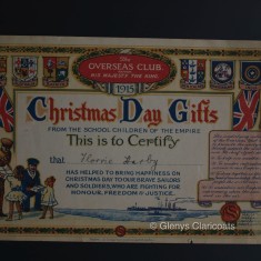The Christmas Club 1915 Certificate marking Florrie Harby's part in collecting gifts for the soldiers. | (Glenys Claricoats)