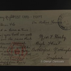 P1286557 (Sent from France 17 Oct 2016) Sunday night. On Active Service My Dear Flo Just a line or two hoping you both well as I am the same thank God. Received journal safe hope you will like PC am sending your mother. So goodbye to you both. Harry | (Glenys Claricoats)