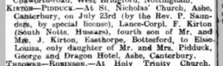 Report of Frank Kirton and Elsie Pidduck's wedding in 1918. | Grantham Journal, 3rd August 1918 