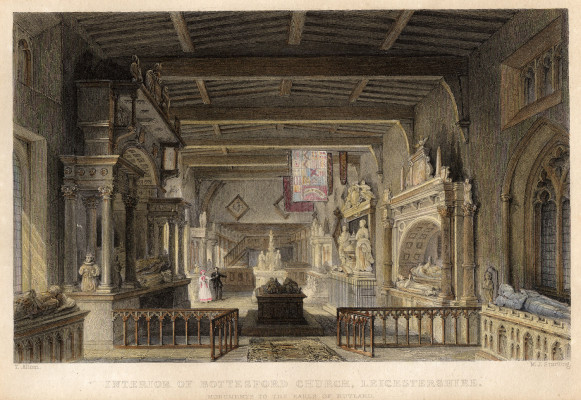 A mid-19th Century engraving of the interior of St Mary's, looking west from the Sanctuary. The central part gives a glimpse of the pews in the central part of the nave, and the singer's gallery, probably as they were before the 1846 replacement with the bench pews still in place today. | Copyright - collection of Neil Fortey