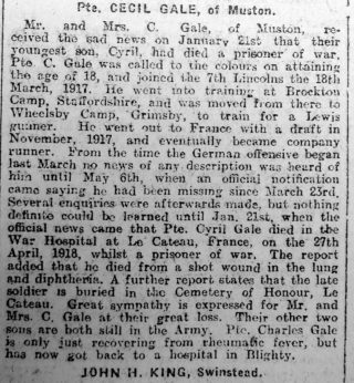 Pte. Cyril Gale's obituary in The Grantham Journal on the 6th February 1919 | Courtesy of the Grantham Journal. 