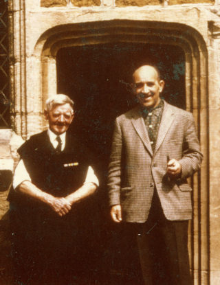 Tommy Robinson (left) and another gentleman by the south door in the chancel at St Mary's, Bottesford, probably in the 1960s. | Bottesford Local History Society archive