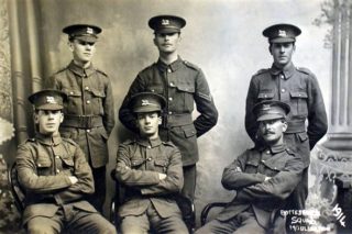 Enlistment photograph of Bottesford men, believed to have been taken in 1914. The man on the left of the back row is believed to be Tommy Robinson (6th Leicestershires). | From the collection of Chris Harris