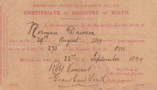 Dawson_Norman_IanMcCraight_0006 Norman Dawson's birth certificate | By courtesy of Mr Ian McCraight