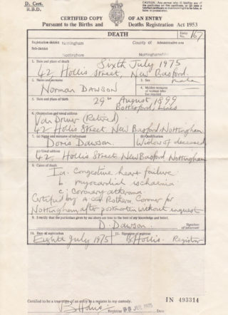 Dawson_Norman_IanMcCraight_0007 Norman Dawson's death certificate. | By courtesy of Mr Ian McCraight.