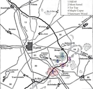 A general map showing the location of Hill 60 in relation to Ypres, the front line and other key locations. | Wikipedia