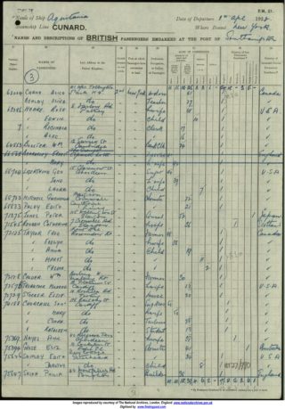 Passenger List from the Aquitania, 1922, listing Edith Paley en route for New York. | The National Archive