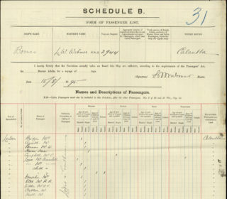 Marshall Lane II passage to India 1895 cropped Passenger List from the 'Borneo', 1908, from London to Calcutta, with the Lane Family members. | The National Archive
