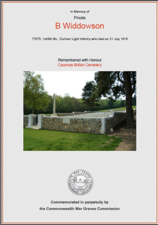 Private Bert Widdowson's Commonwealth War Graves Commission Certificate