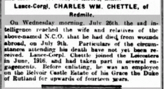 Notice of the death of wounds, of L-Cpl Charles William Chettle on the 9th July 1917. | Grantham Journal 4th August 1917.