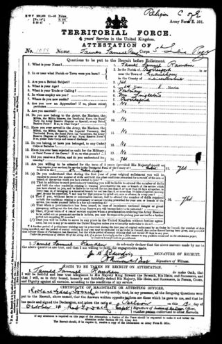 James Rawdin's attestation form, 1910. | The National Archive
