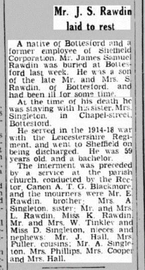 James Rawdin's obituary, Grantham Journal, 30th August 1946 | British Newspaper Archive