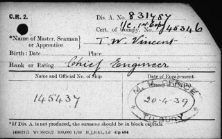 Thomas Wright Vincent identity card, stamped Tilbury 1939. | The National Archive
