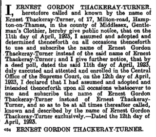 Announcement of Ernest Turner's second name change, from the London Gazette, 17th April 1923. | The National Archive