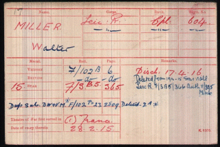 Walter Miller's medal index card of 1916 | National Archive