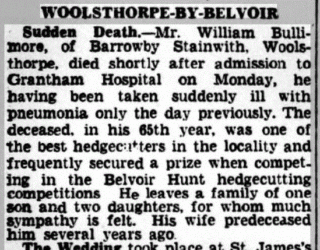 Announcement of the death of William Bullimore: Grantham Journal, 23rd February, 1940. | British Newspaper Archive