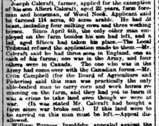 Report of Joseph Calcraft's unsuccessful appeal to the Tribunal regarding Albert Calcraft's call-up. Grantham Journal 7th May 1916. | British Newspaper Archive