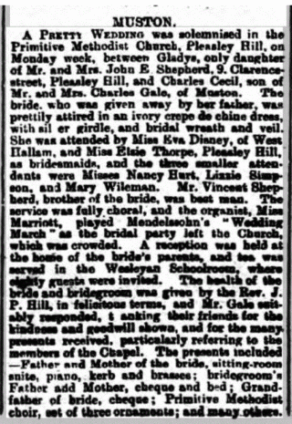 Grantham Journal 28th May, 1921, report on the wedding of Charles Gale to Gladys Shepherd. | British Newspaper Archive