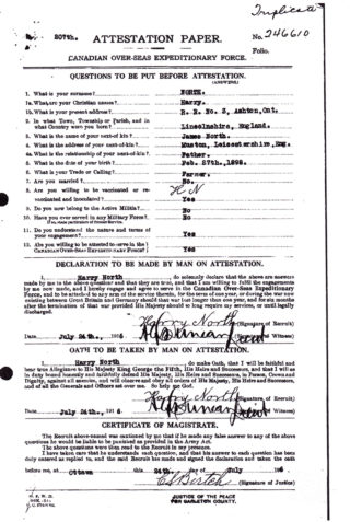 Harry North's attestation paper, completed at Ottawa 1916.