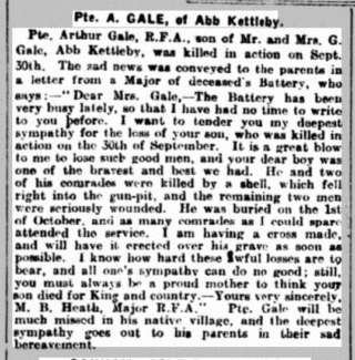 Gunner Arthur Gale's obituary published by the Grantham Journal in November 1917. | British Newspaper Archive